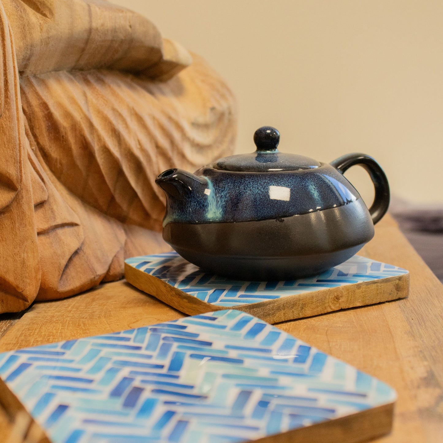 Set of 4 Square Coasters -  Blue Stripes